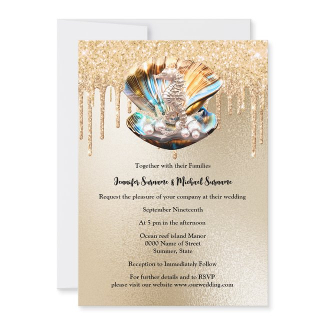 Seahorse Clam Shell Pearl Gold Glitter Sparkling Invitation