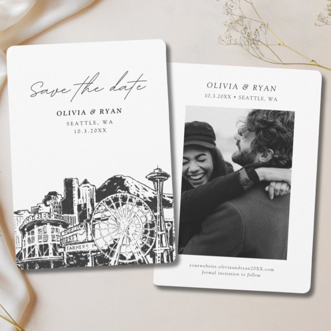 Seattle Save The Date Skyline Downtown Wedding Invitation
