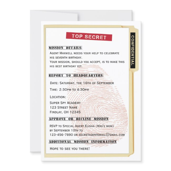 Secret Agent Spy Mission File Birthday Party Invitation