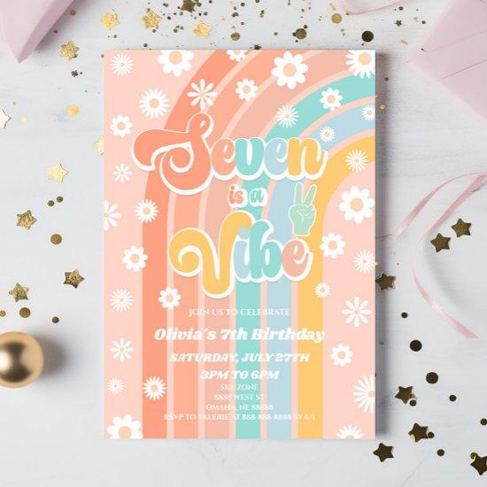 Seven Is A Vibe Rainbow Daisy 7th Birthday Party Invitation