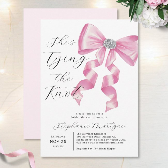 She's Tying The Knot Pink Bow Glam Bridal Shower Invitation