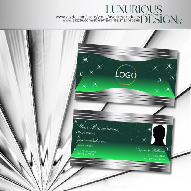 Shimmery Stars Green Silver Borders Logo And Photo Business Invitations