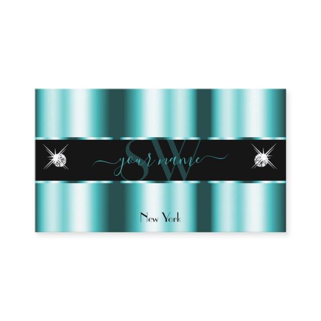 Shimmery Teal Black Sparkling Diamonds Monogram Business Invitations