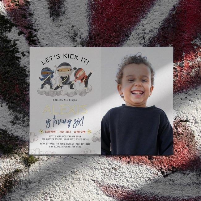 Shiny Let's Kick It Ninja Karate Photo Birthday Foil Invitation
