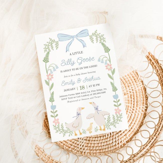 Silly Goose Blue Floral Baby Shower Invitation