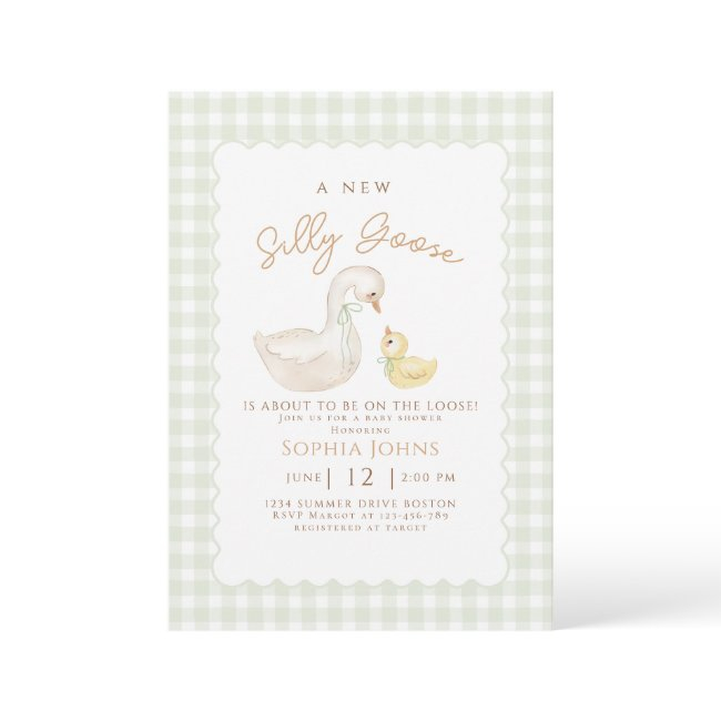 Silly Goose Gingham Duck Gender Neutra Baby Shower Invitation