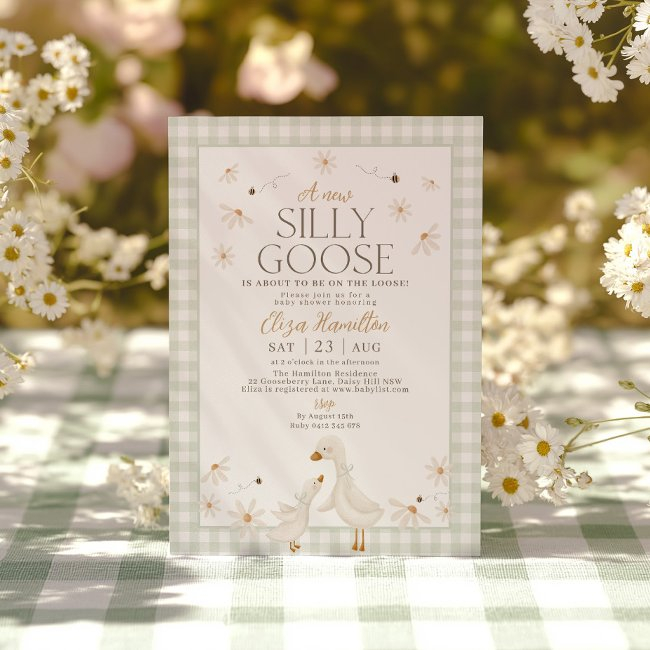 Silly Goose On The Loose Baby Shower Sage Gingham Invitation