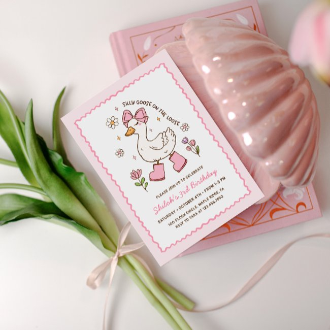 Silly Goose On The Loose Pink Bow Floral Invitation