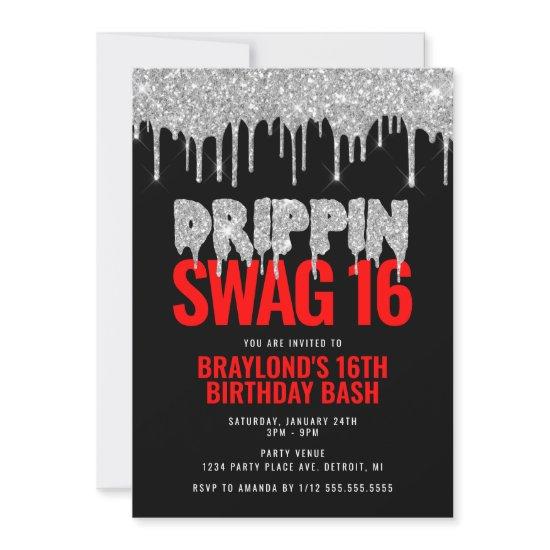 Silver And Red Drippin Swag 16 Birthday Invitation