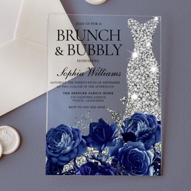 Silver Blue Dress Brunch & Bubbly Bridal Shower Acrylic Invitations