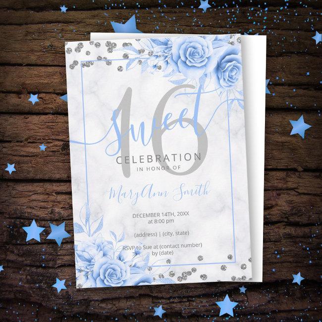 Silver Blue Floral Sweet 16 Marble Glitter Invitation