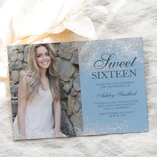 Silver Glitter Chic Icy Blue Photo Sweet 16 Invitation