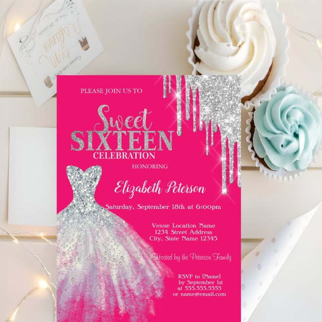 Silver Glitter Drips,dress Neon Pink Sweet 16 Invitation