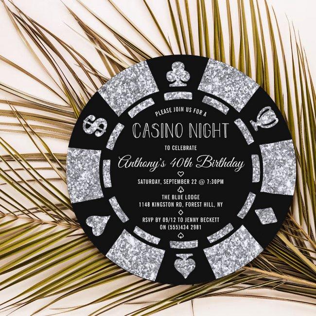 Silver Glitter Poker Chip Casino Night Party Invitation