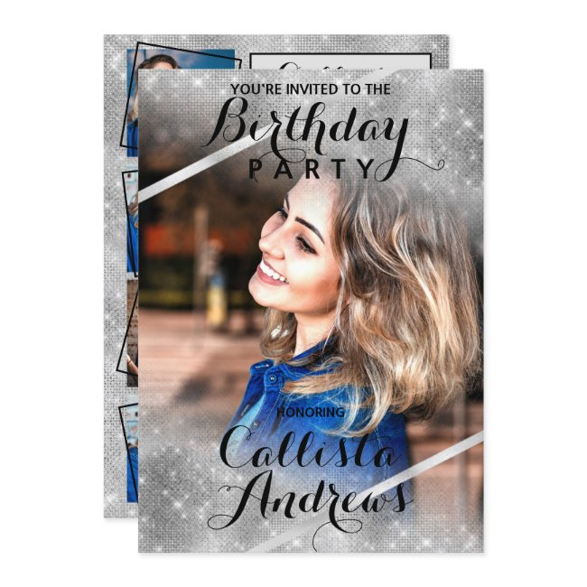 Silver Glitter Sequins Corners Photo Birthday Invitation