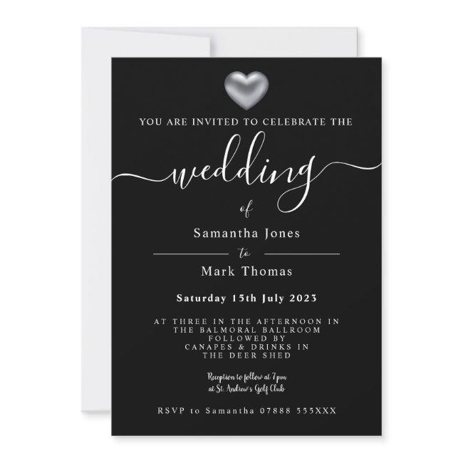 Silver Heart Black Wedding Invitation