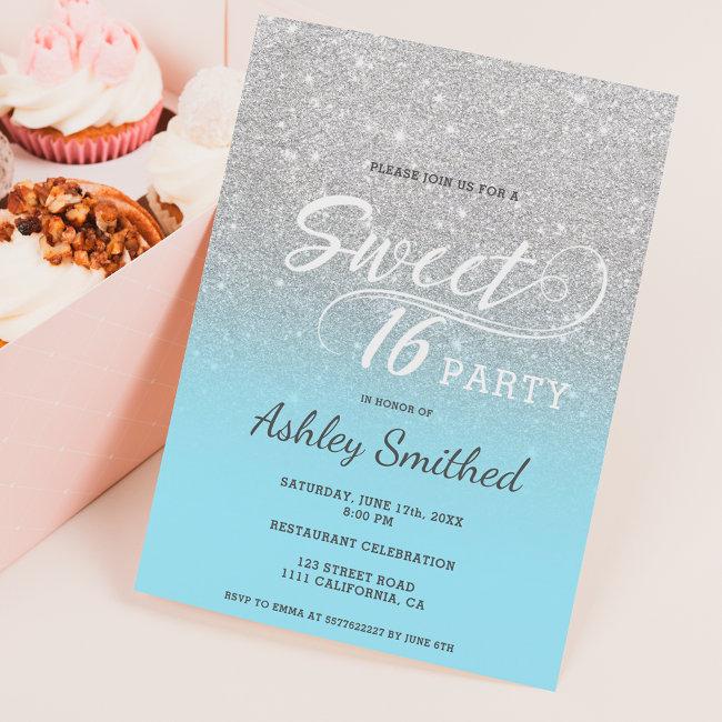 Silver Ice Blue Glitter Ombre Purple Sweet 16 Invitation