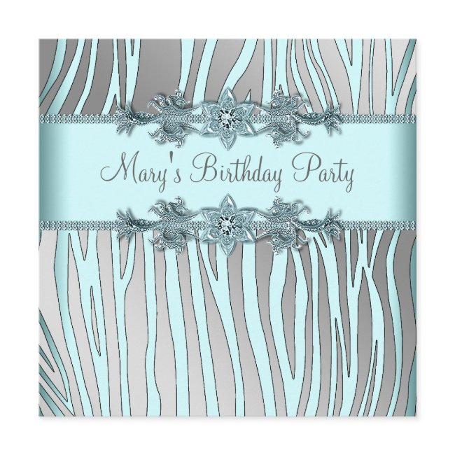 Silver Teal Blue Zebra Womans Birthday Party Invitation