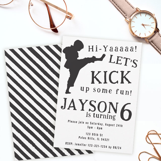 Simple Black White Boy Karate Birthday Invitation
