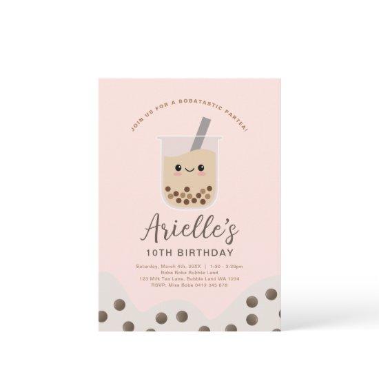 Simple Boba Bubble Milk Tea Pink Birthday Invitation