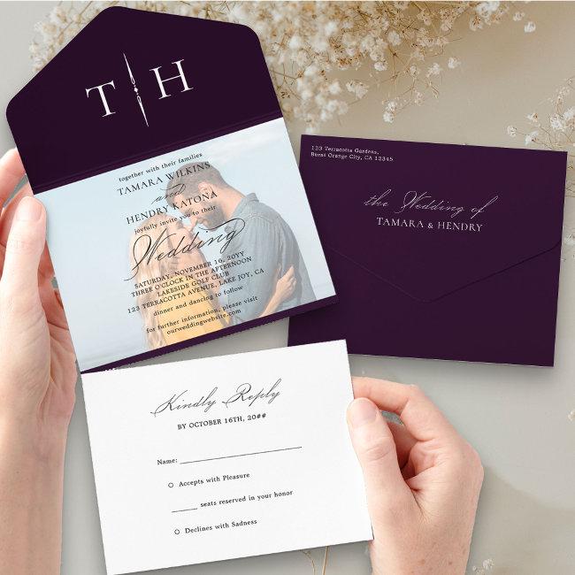 Simple Calligraphy Photo Purple Rsvp Wedding All In One Invitation