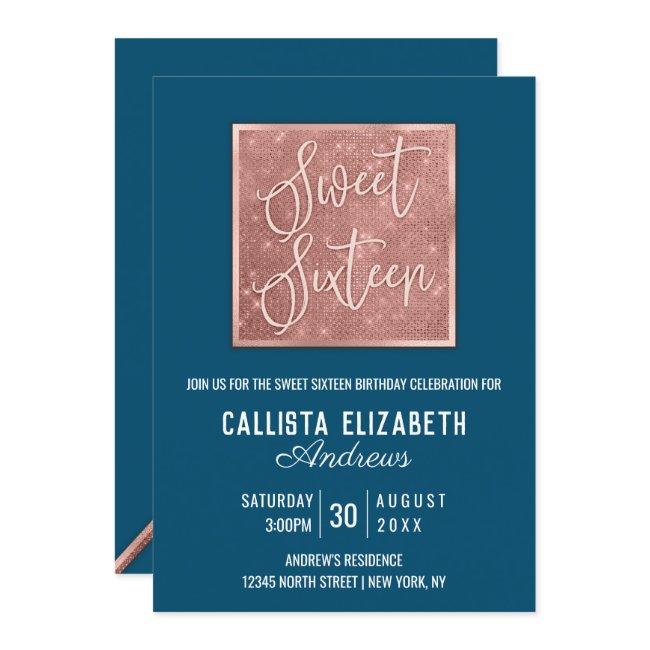 Simple Dark Teal Rose Gold Glitter Geo Sweet 16 Invitation