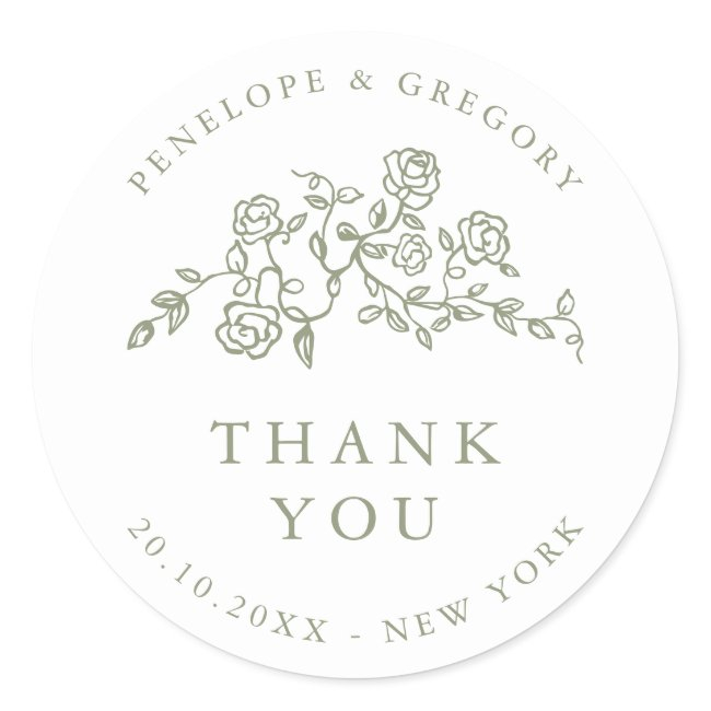 Simple Delicate Floral Sage Wedding Thank You Classic Round Sticker