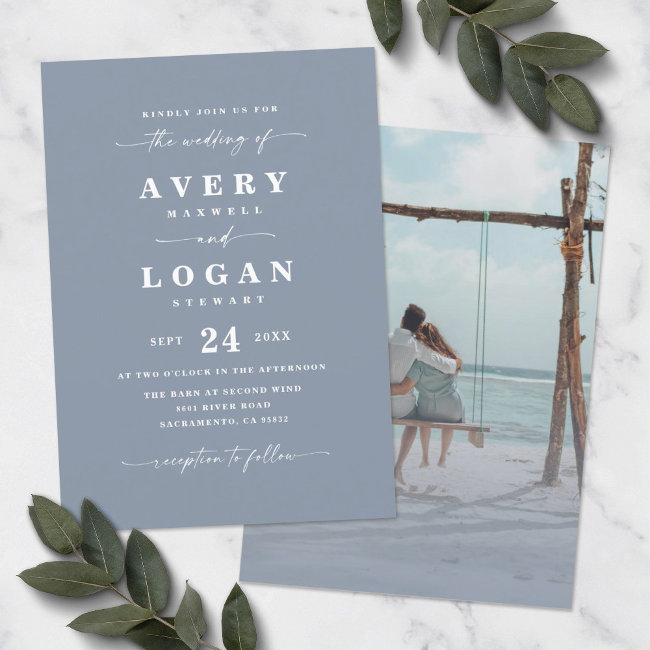 Simple Dusty Blue Wedding Invitation With Photo