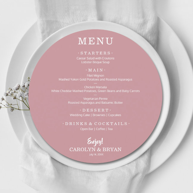 Simple Elegant Dusty Rose Round Wedding Dinner Menu