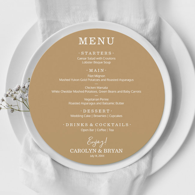 Simple Elegant Gold Round Wedding Dinner Menu
