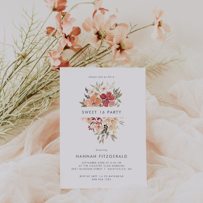 Simple Floral Sweet 16 Birthday Invitation