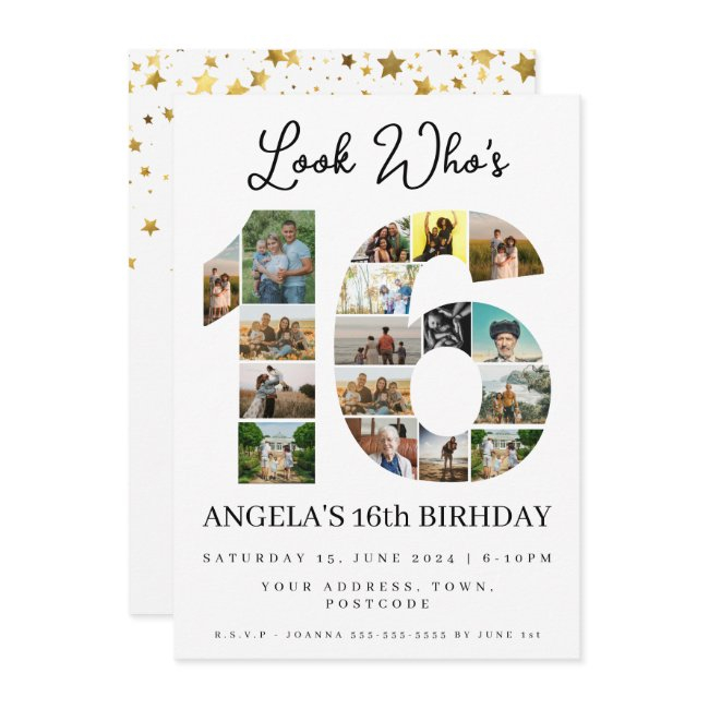 Simple Look Who's 16 Photo Collage Teen Birthday Invitation