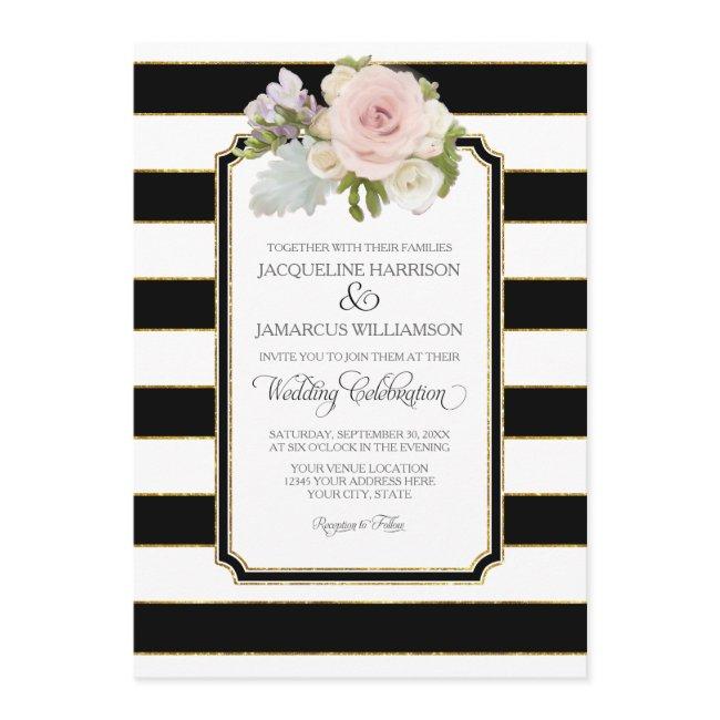 Simple Modern Elegant Black White Stripe W Gold Invitation