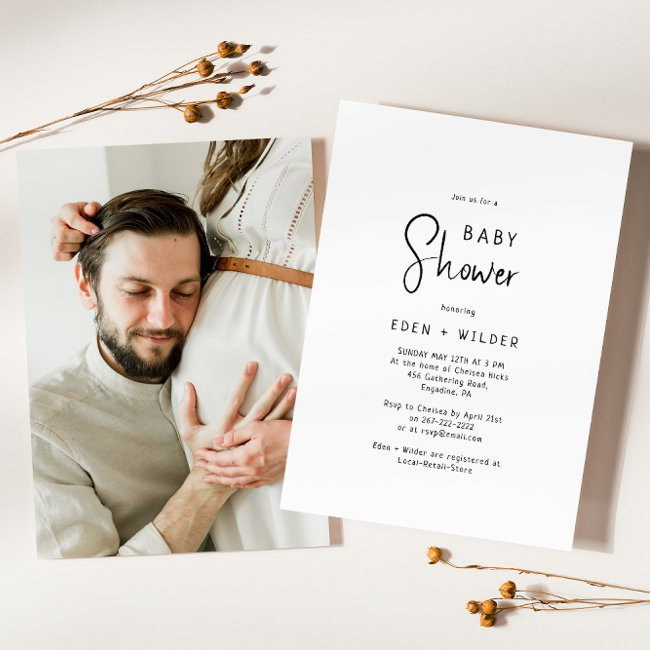 Simple Modern Neutral Couples Photo Baby Shower Invitation