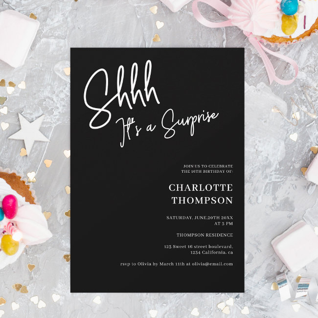 Simple Modern White Black Photo Surprise Sweet 16 Invitation
