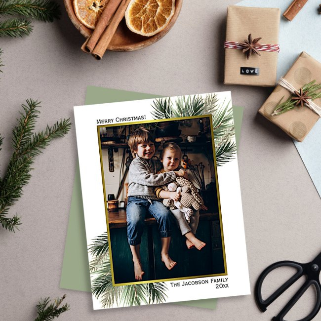 Simple Pine Branches & Gold Photo Frame Christmas Holiday Invitations