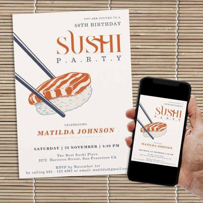 Simple Retro 50th Birthday Sushi Party Invitation
