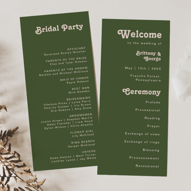 Simple Retro Vibes | Olive Green Wedding Program