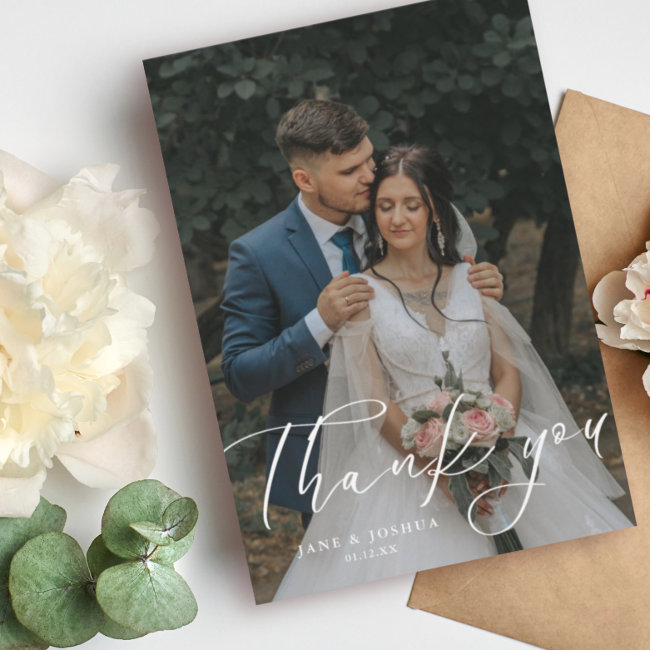 Simple Script Modern Wedding Photo Thank You Invitations