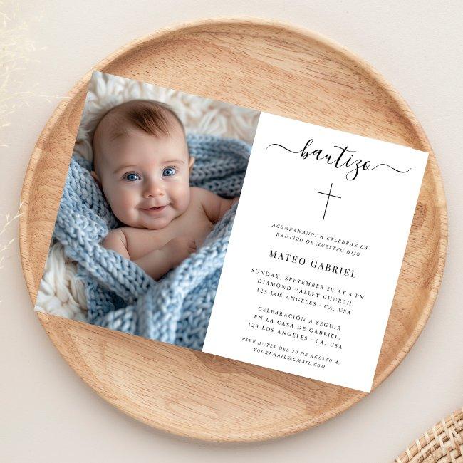 Simple Spanish Baptism | Calligraphy Bautizo Photo Invitation