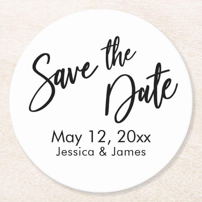 Simple Typography Save The Date Black & White Round Paper Coaster