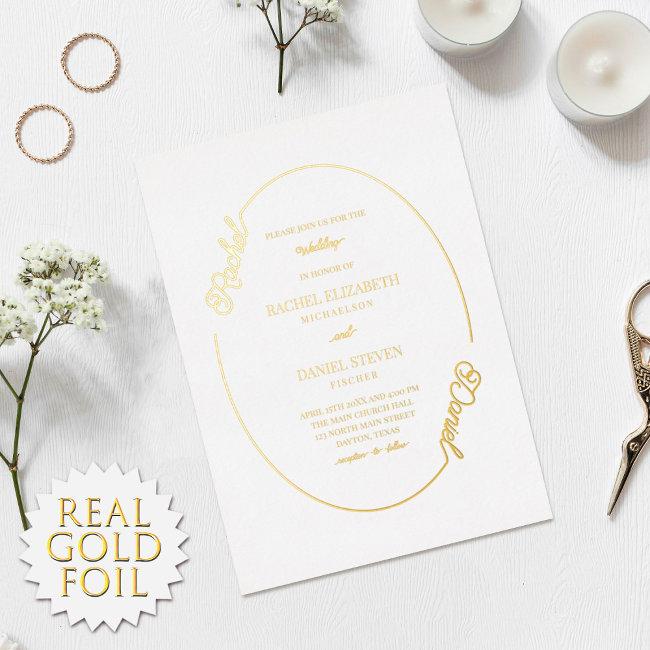 Simple White Name Oval Border Wedding Real Foil Invitation