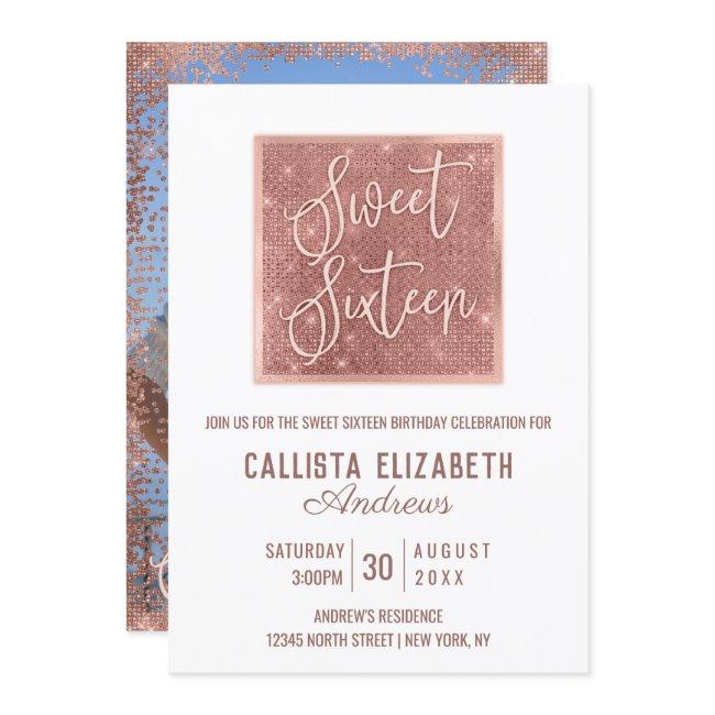 Simple White Rose Gold Glitter Geo Photo Sweet 16 Invitation