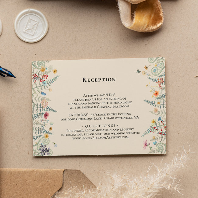 Simple Wildflower Fern Beige Wedding Reception Enclosure Invitations