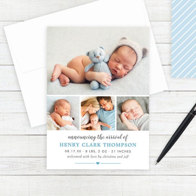 Simply Sweet Blue Baby Boy Photo Collage Birth Announcement
