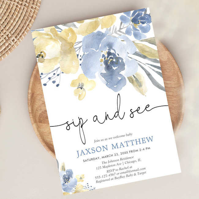 Sip And See Baby Boy, Dusty Blue Yellow Floral Invitation