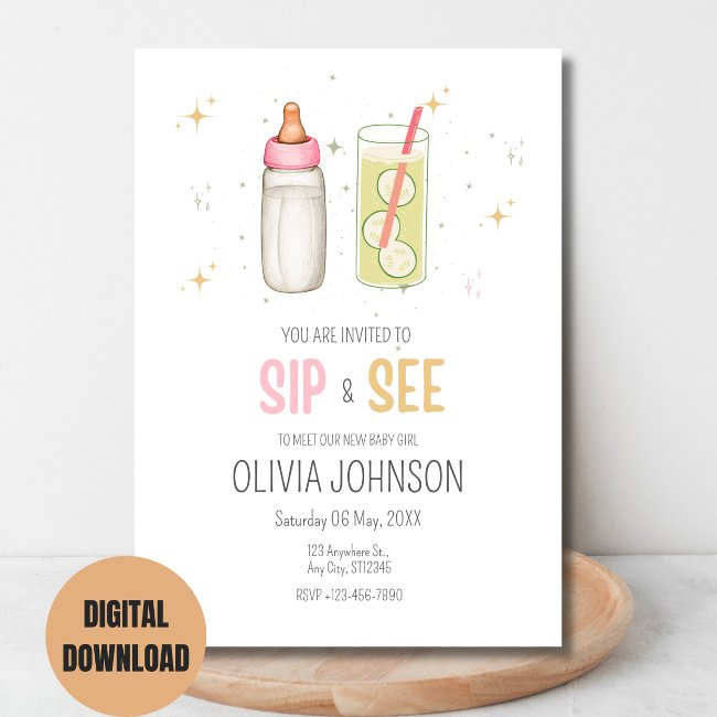 Sip And See, Welcome Baby Girl, New Baby Party Invitation