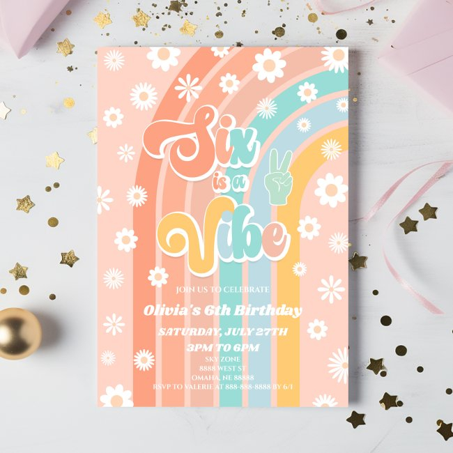 Six Is A Vibe Rainbow Daisy 6th Birthday Party Invitation