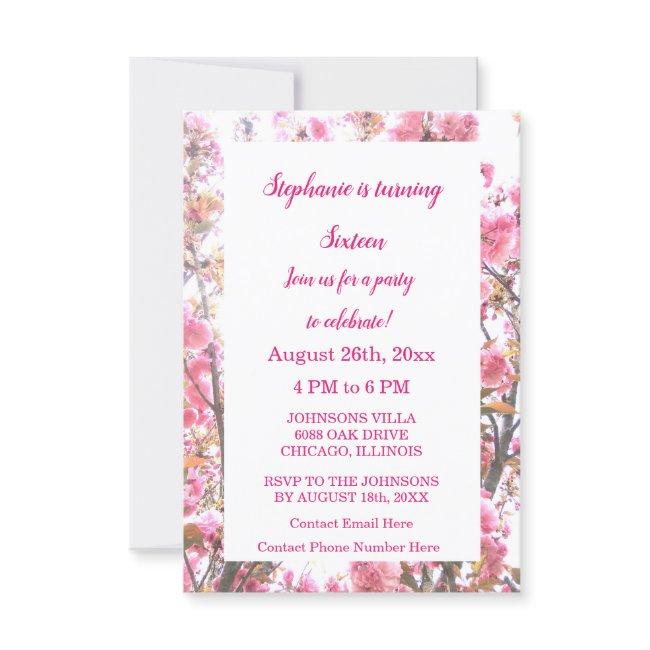 Sixteenth Birthday Hot Pink Cherry Blossom Floral Invitation