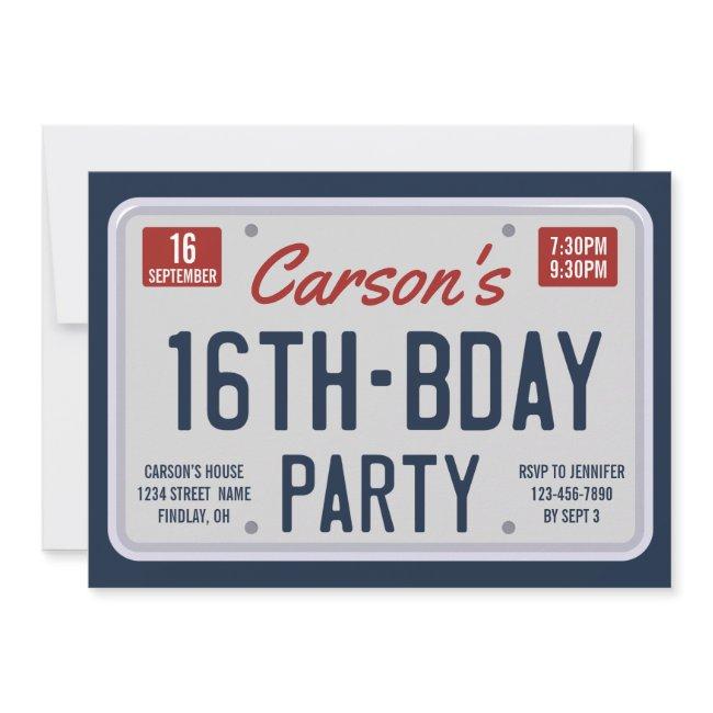 Sixteenth Birthday License Plate Birthday Party Invitation